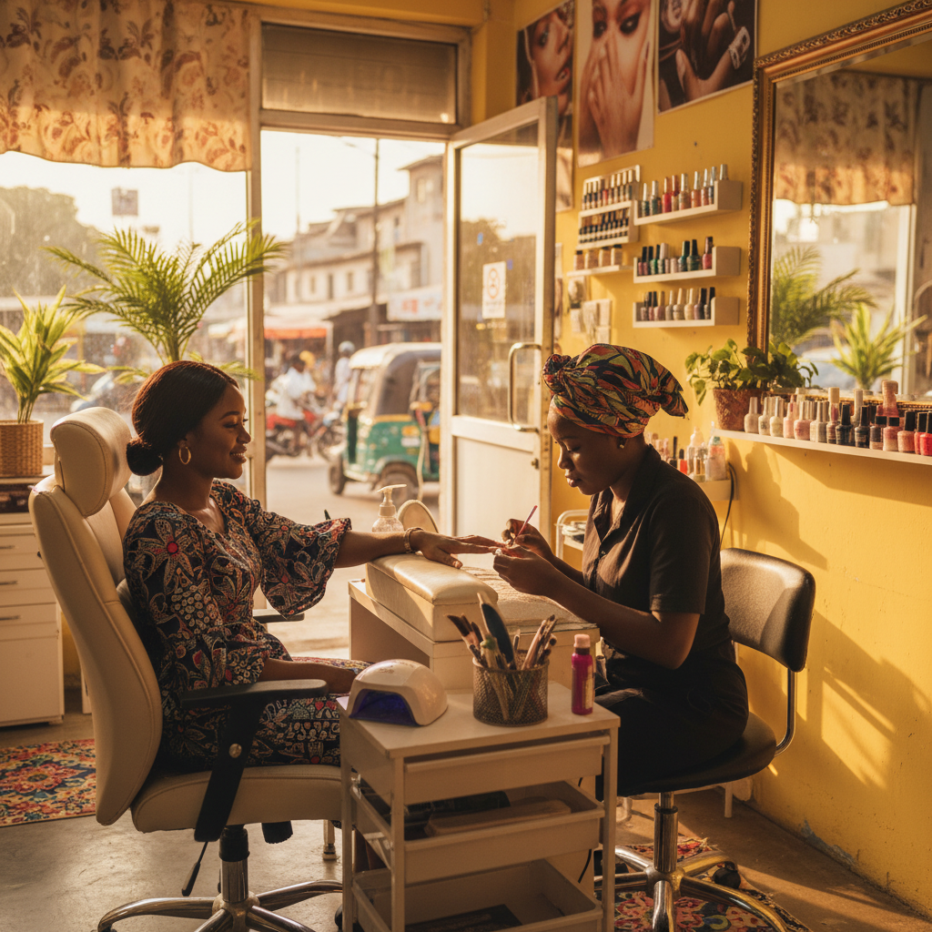 A skilled Nigerian nail technician carefully applying an acrylic nail extension for a client.