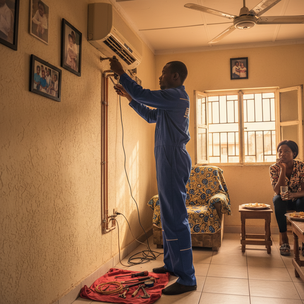 A skilled Nigerian technician in overalls working on an AC unit in an Owerri home.