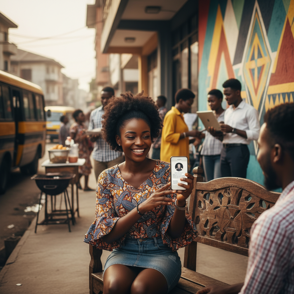 A Nigerian nail technician proudly viewing her professional business profile on the TrustAm app.