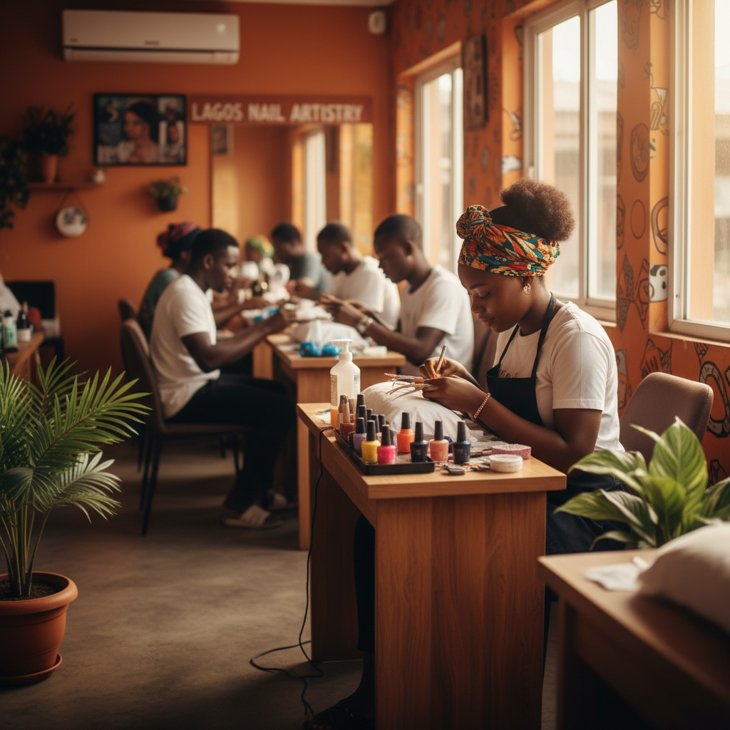 A focused shot of a Nigerian nail technician meticulously applying acrylic powder to a client's nails.