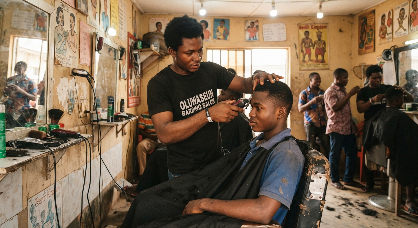A barber giving a precise haircut to a young man in Benin City