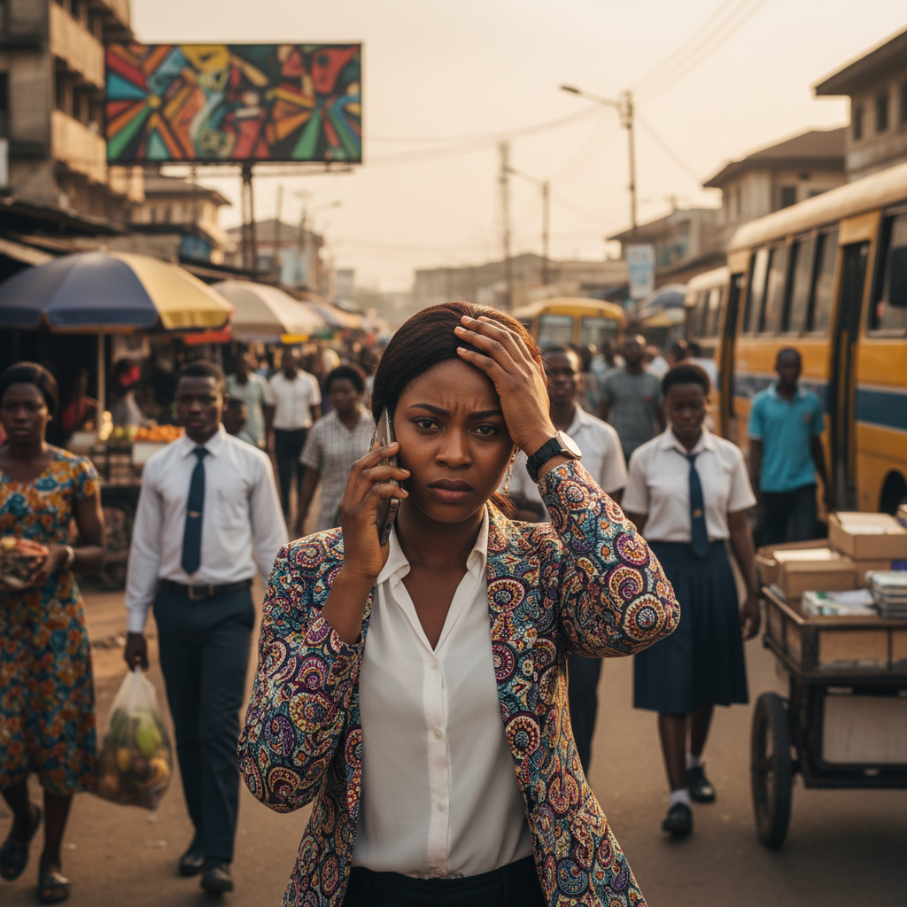 A frustrated young Nigerian woman looking at her phone, possibly after being scammed by a service provider online.