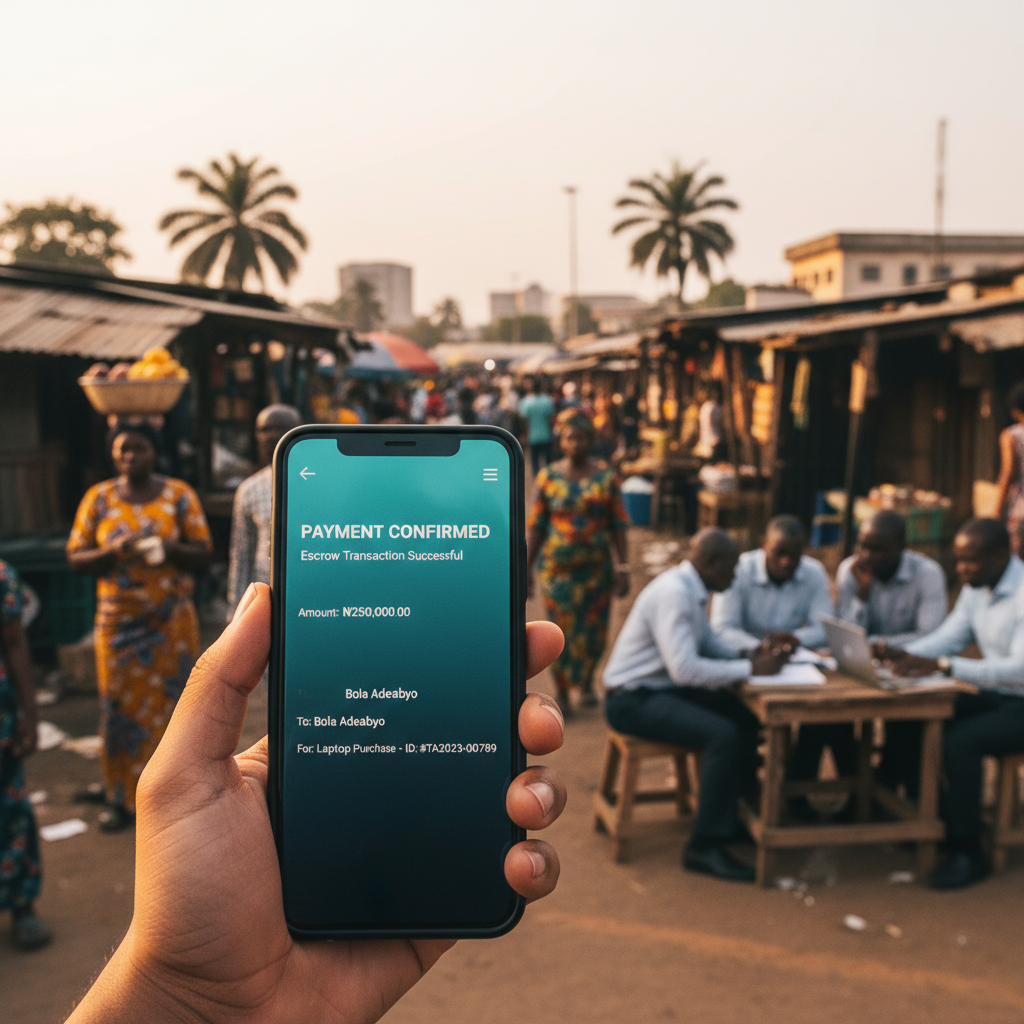 A mobile phone screen displaying a successful escrow payment confirmation on the TrustAm app.