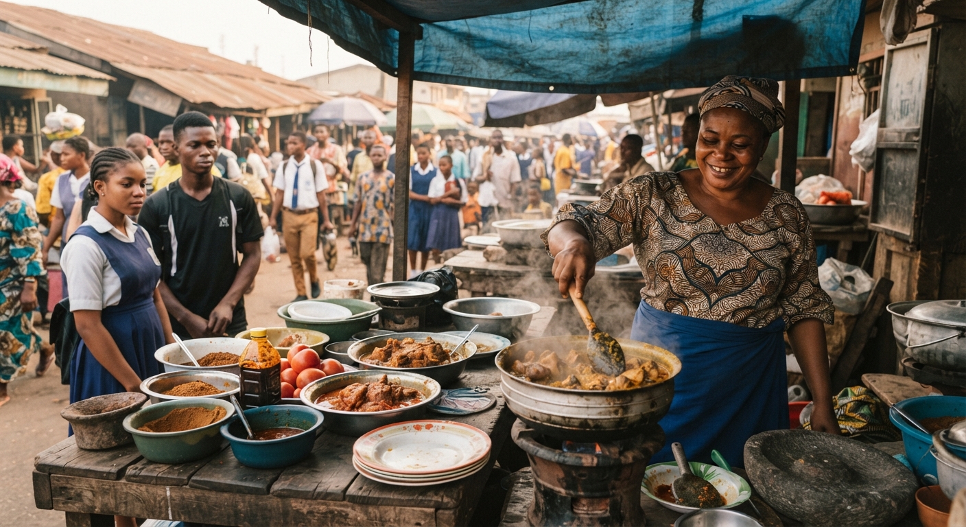 A food vendor in an Ibadan market preparing local dishes at their stall