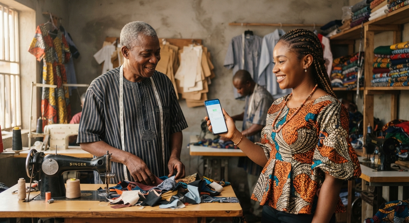 Nigerian woman confirming a payment on her phone with a tailor present.
