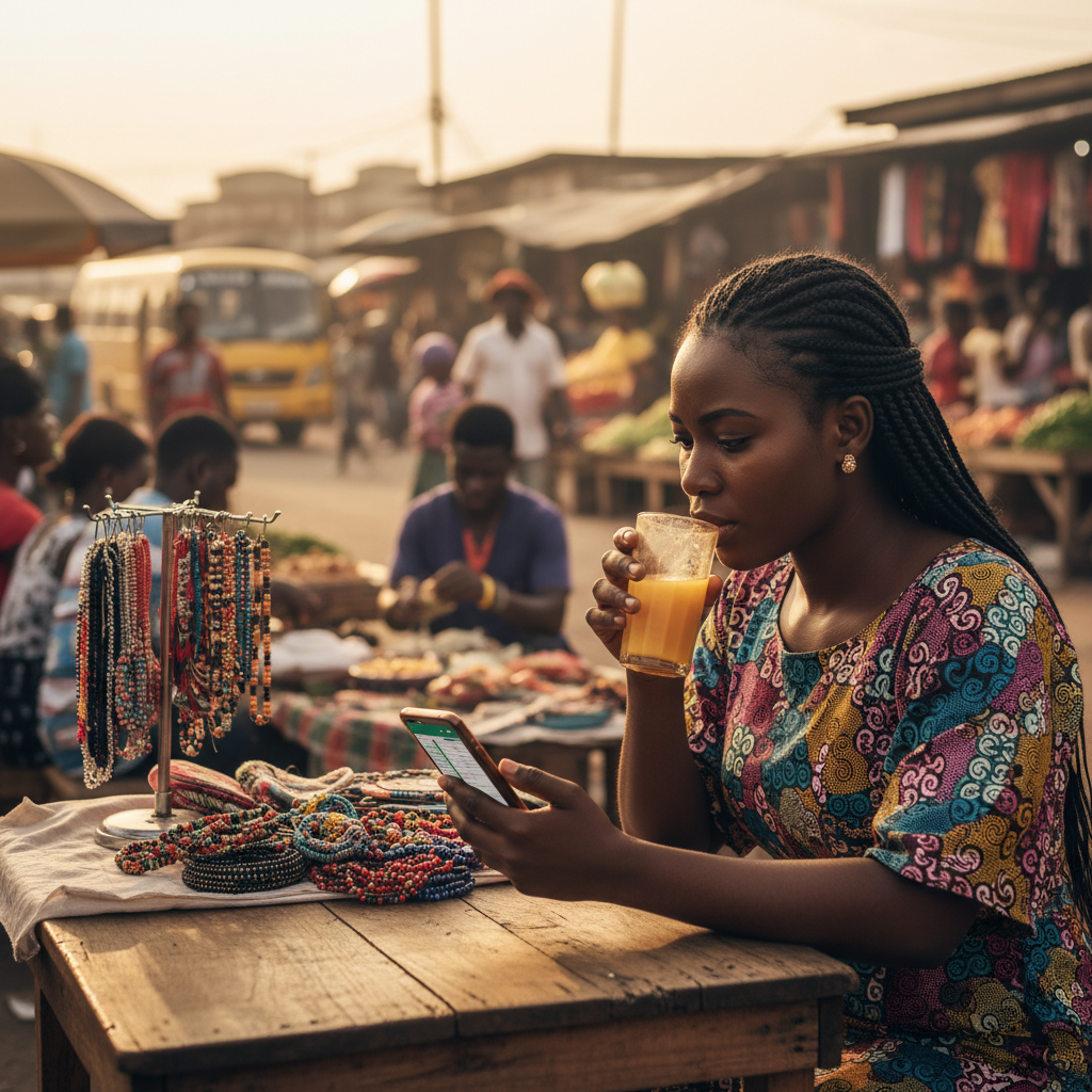 A female entrepreneur in Nigeria checking her business sales on the TrustAm app.