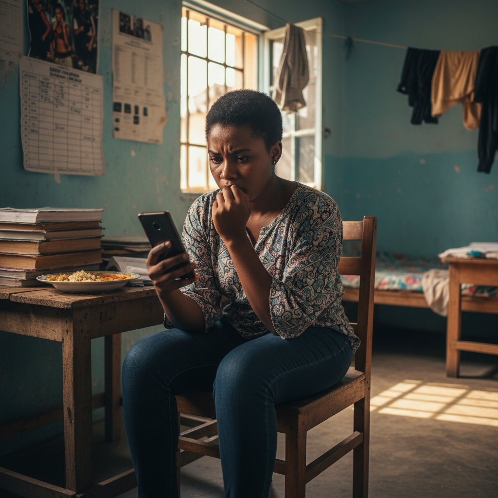 A Nigerian university student looking stressed while checking her bank account on her phone.