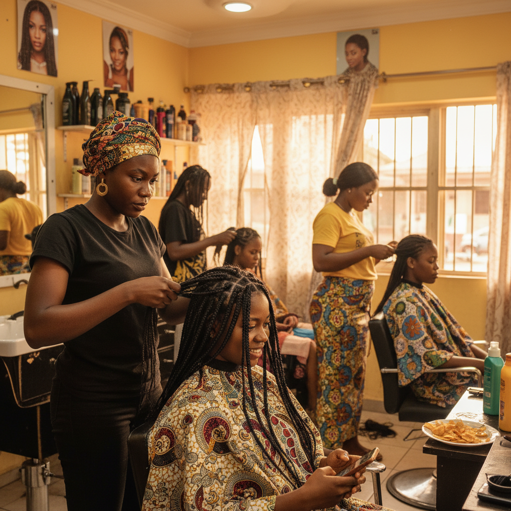 A professional hair braider in an Ibadan salon carefully parting a client's hair for box braids.