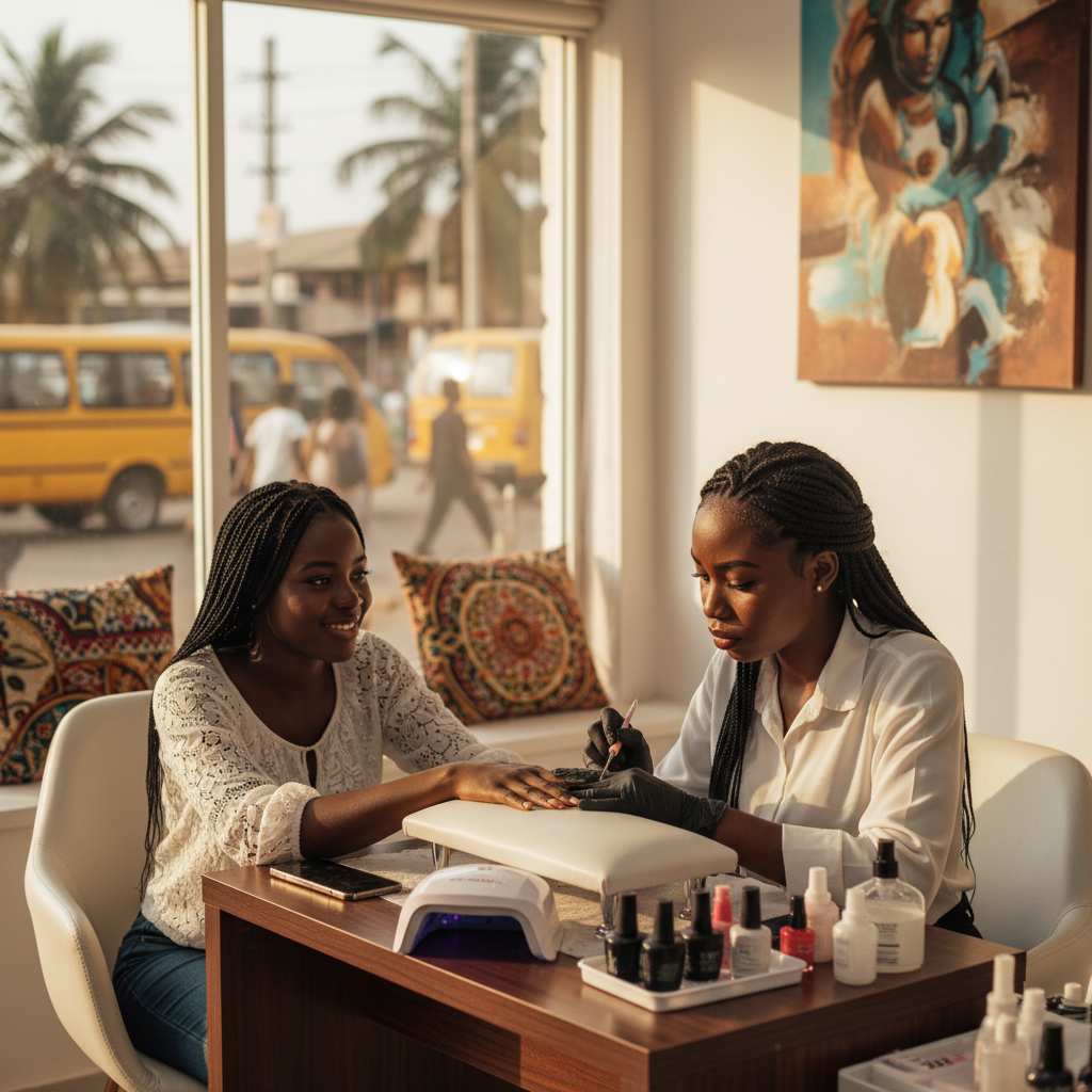 A skilled nail technician applying red gel polish to a client's nails.