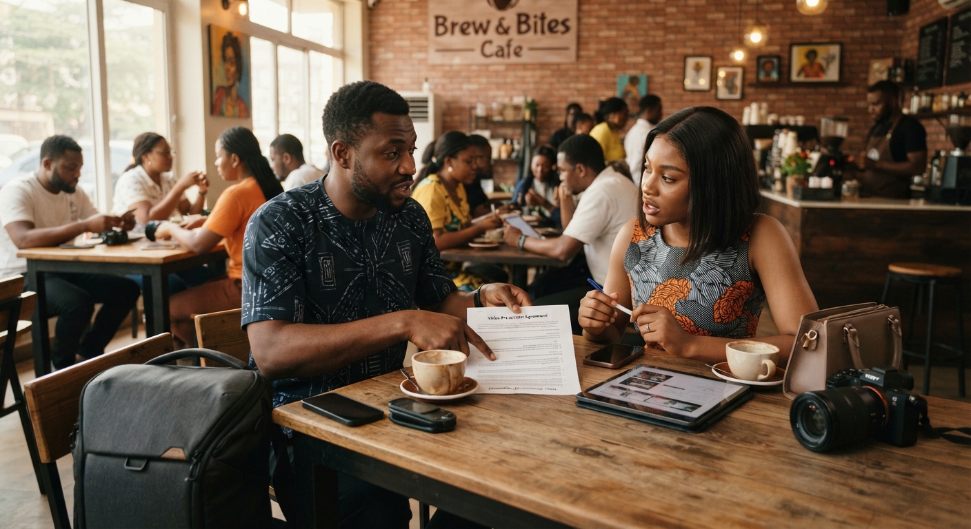 Client and videographer reviewing contract and pricing details