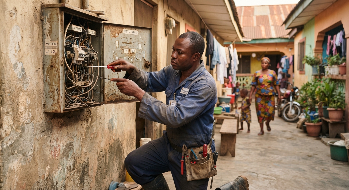 Nigerian electrician carefully examining a fuse box in a residential setting in Uyo