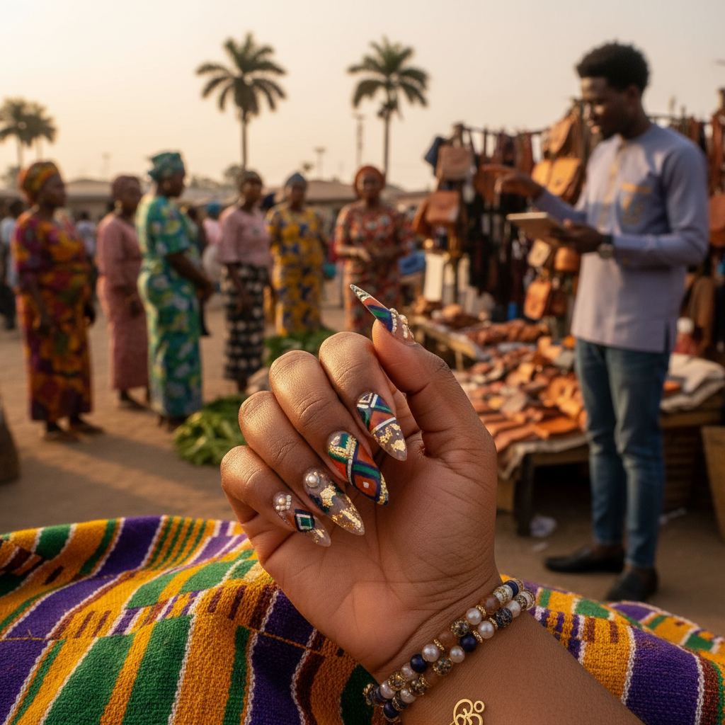 A stunning close-up of long, coffin-shaped acrylic nails with detailed 3D flower art and glitter on a Nigerian woman's hand.