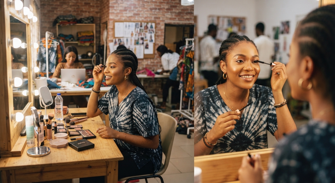 Young woman applying makeup in a studio, checking her reflection