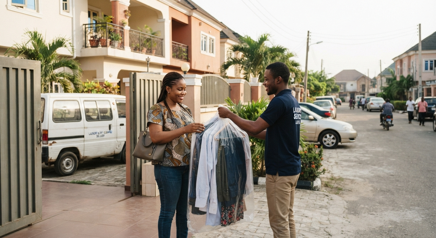 Laundry service van delivering clean clothes to a residential building in Lekki