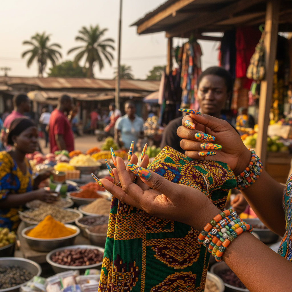 A close-up shot of beautifully designed acrylic nails on a Nigerian woman's hands.