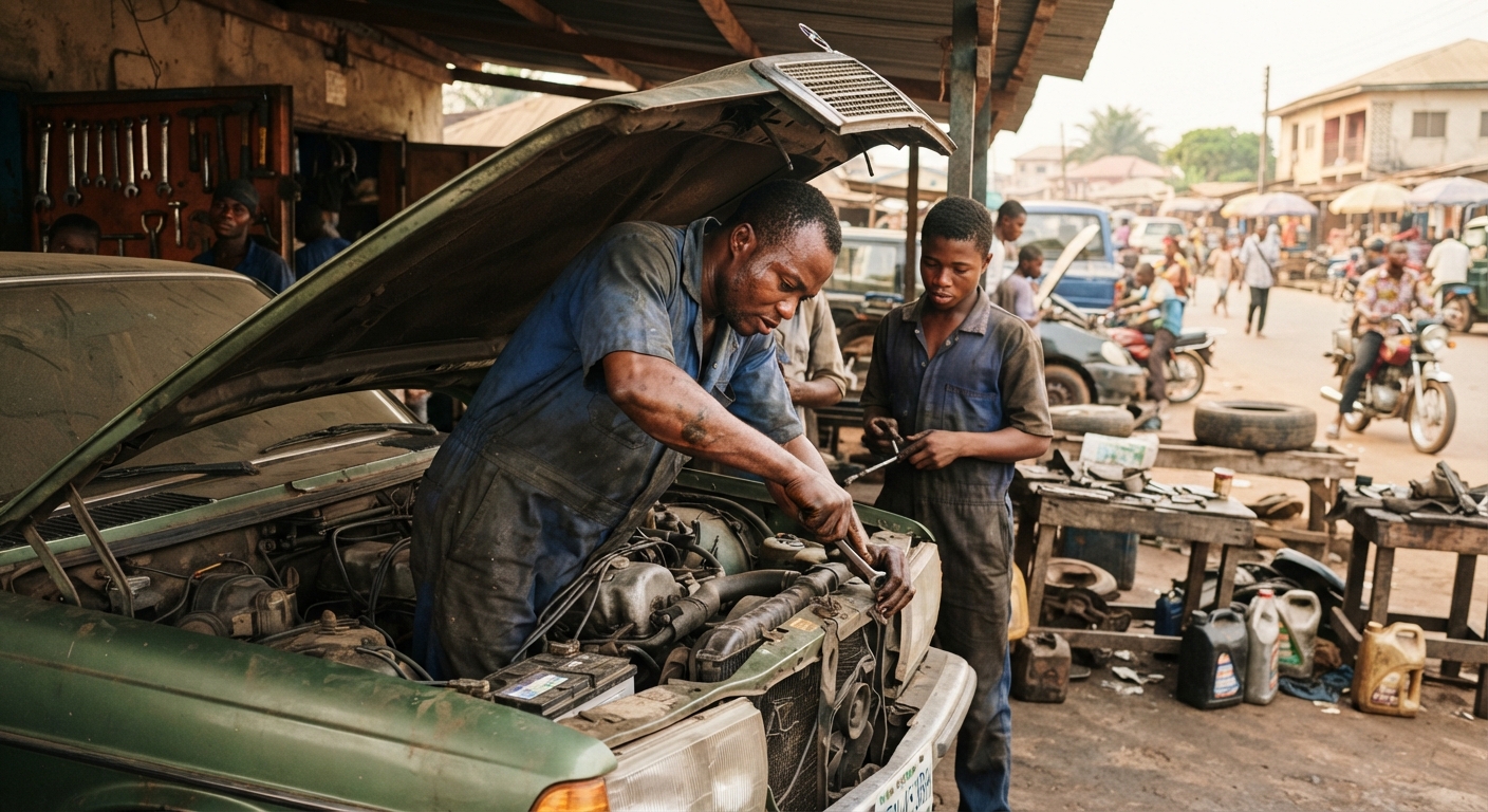 Mechanic inspecting a car engine in a workshop in Benin City