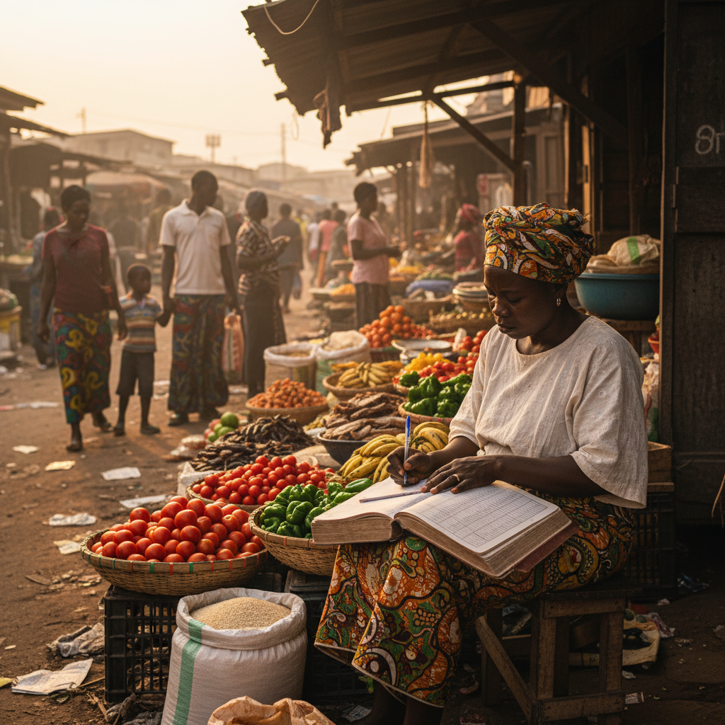 A Nigerian market trader carefully writing down sales in a notebook at her stall.