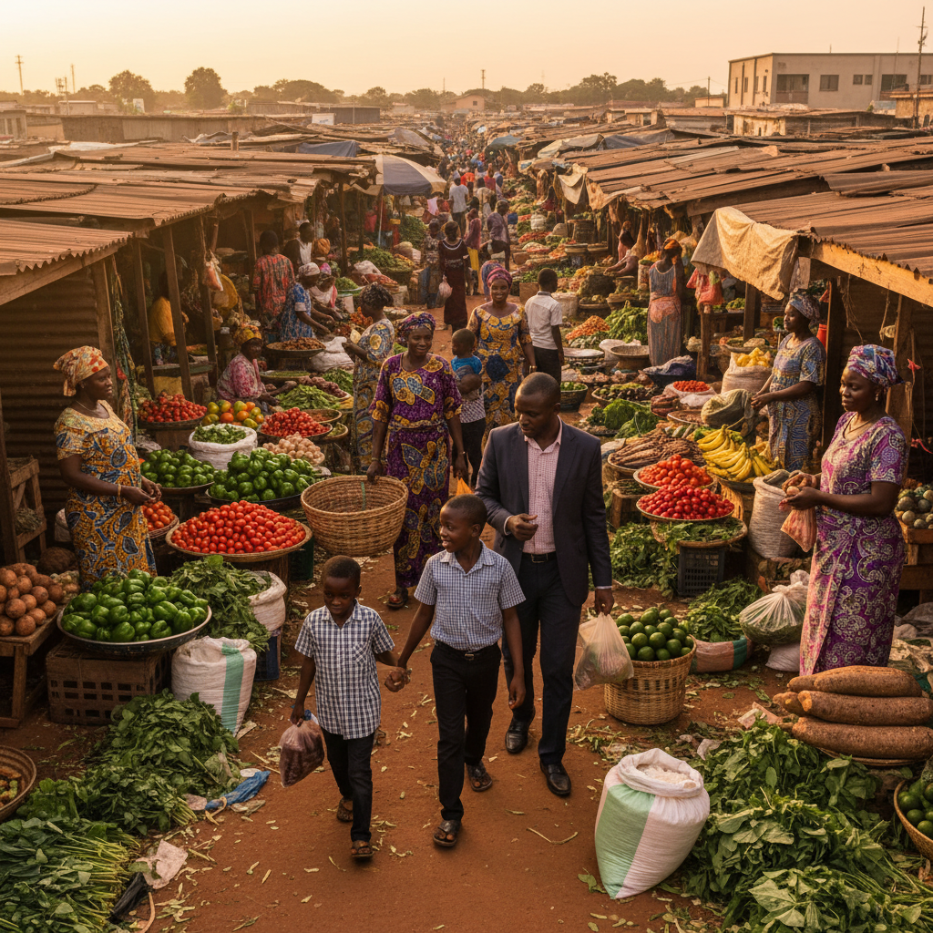 A vibrant scene at a local food market in Warri with fresh vegetables and fruits on display.