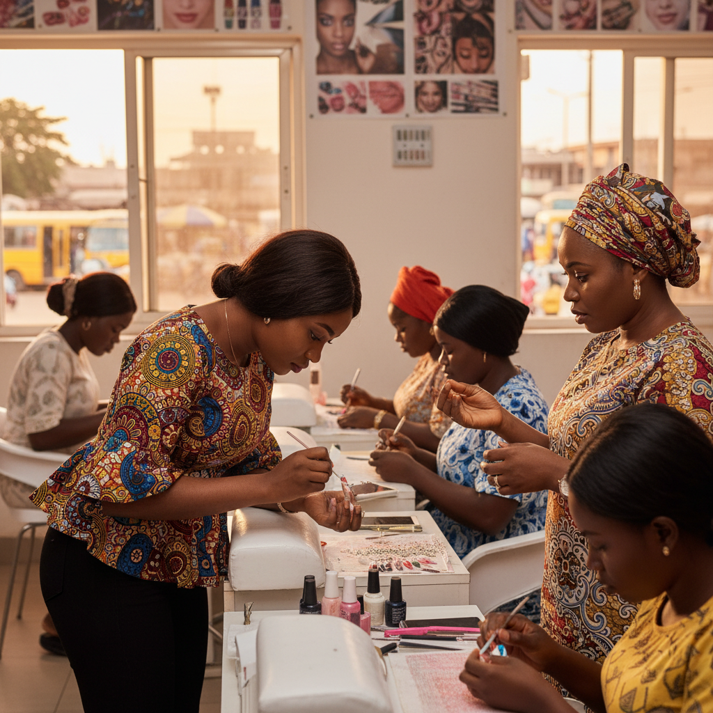 A Nigerian student practicing nail art on a mannequin hand in a training class.