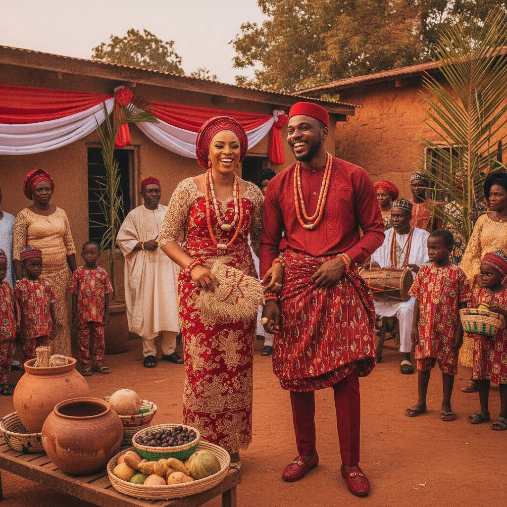 A happy Nigerian couple in traditional Igbo wedding attire in Aba.