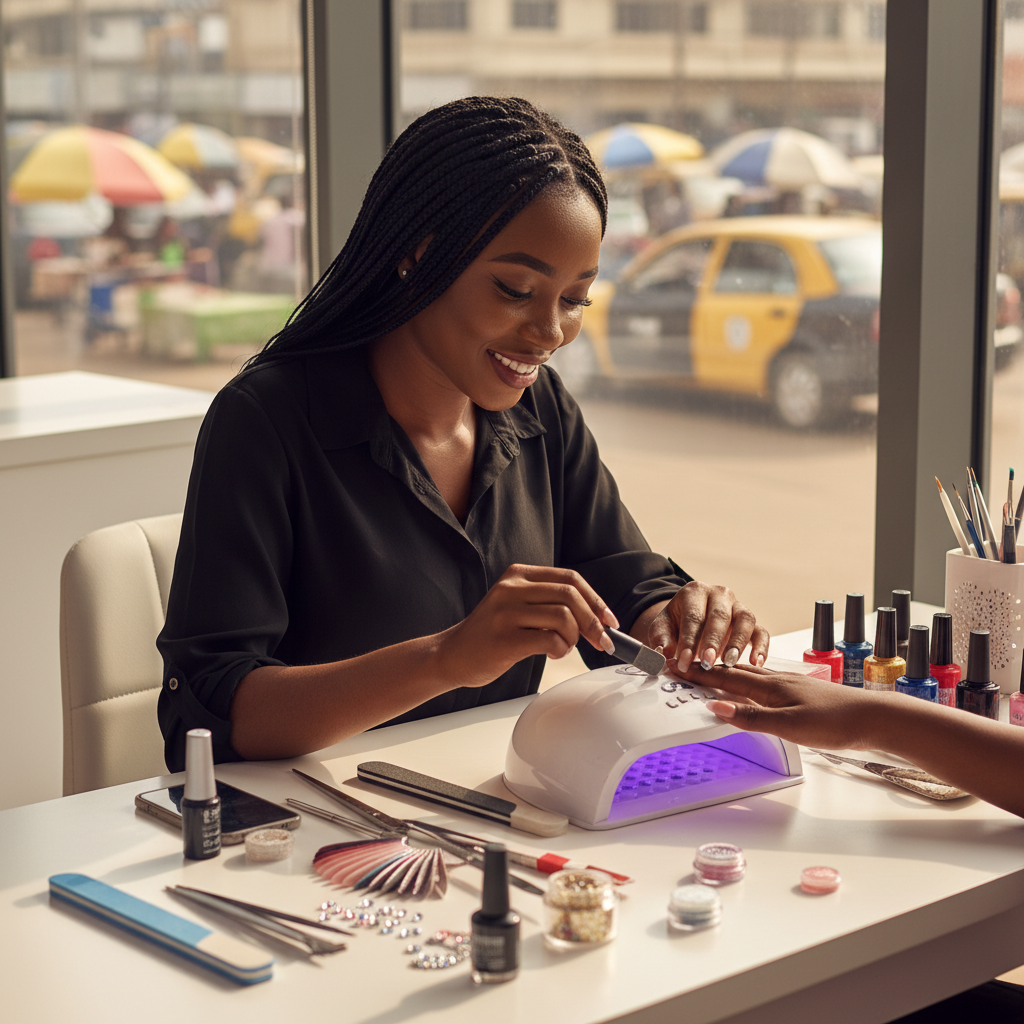 A flat lay of professional nail technician tools including a UV lamp, polish bottles, and files.