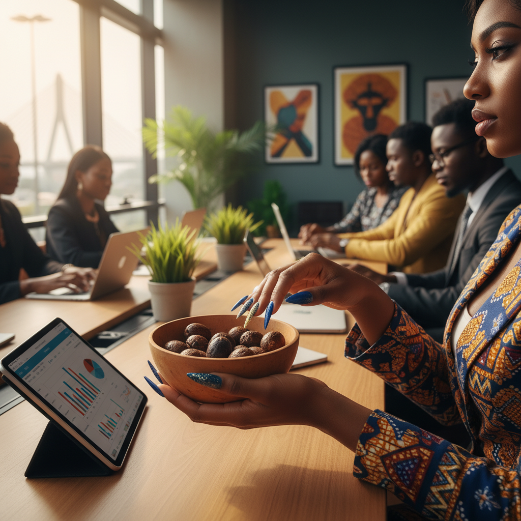 A close-up of a stunning set of long, colourful acrylic nails popular in Nigeria.