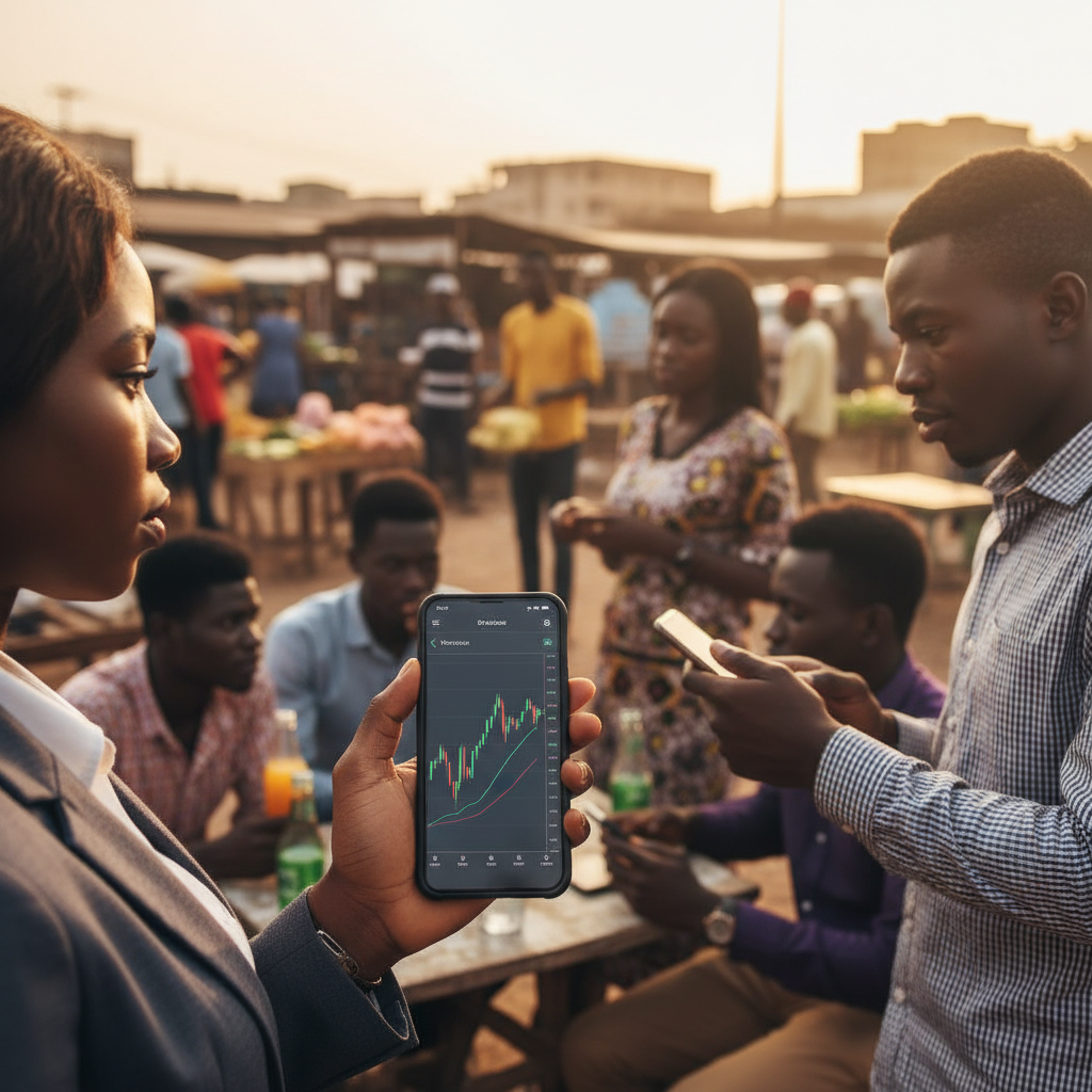 A smartphone screen displaying a stock market investment app with charts and graphs.