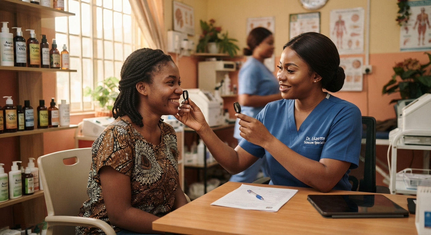 Skincare specialist discussing treatment options with a client in a well-lit Uyo clinic.