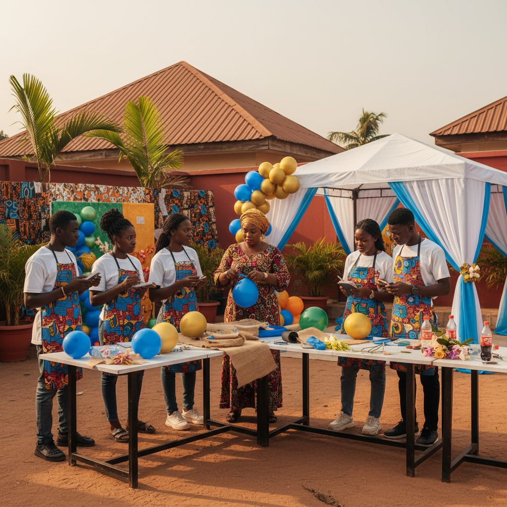 Students learning hands-on skills at a decoration training academy in Nigeria.
