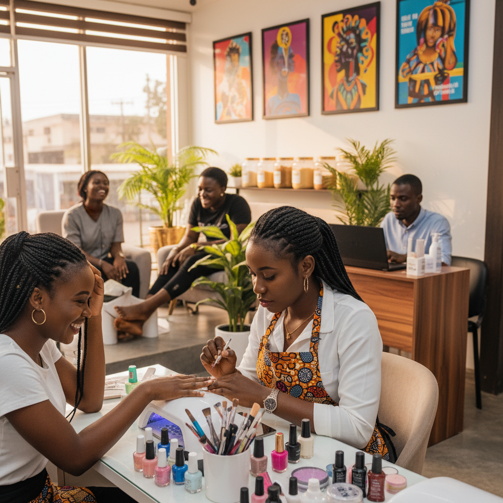 A professional nail technician in Lagos carefully applying acrylics to a client's nails.