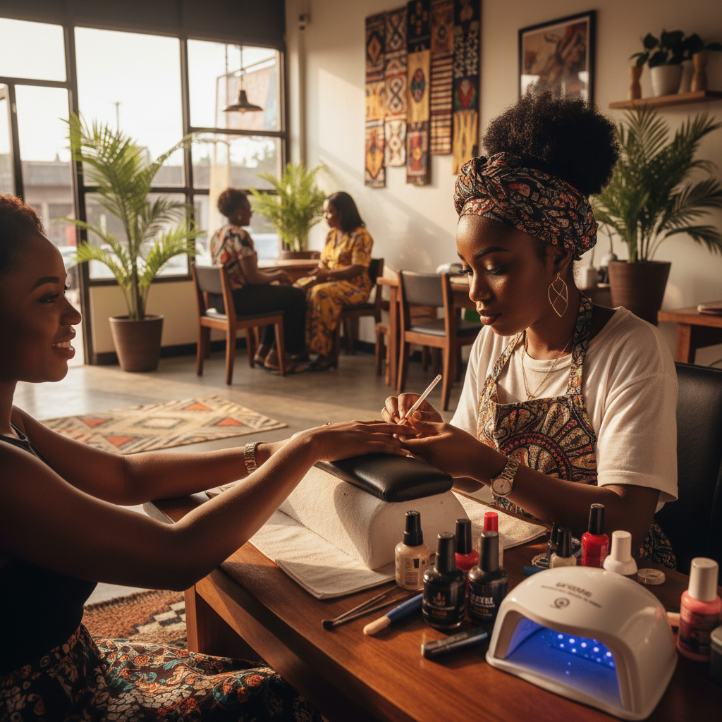 A Nigerian nail technician carefully applying acrylic powder to a client's fingernail.