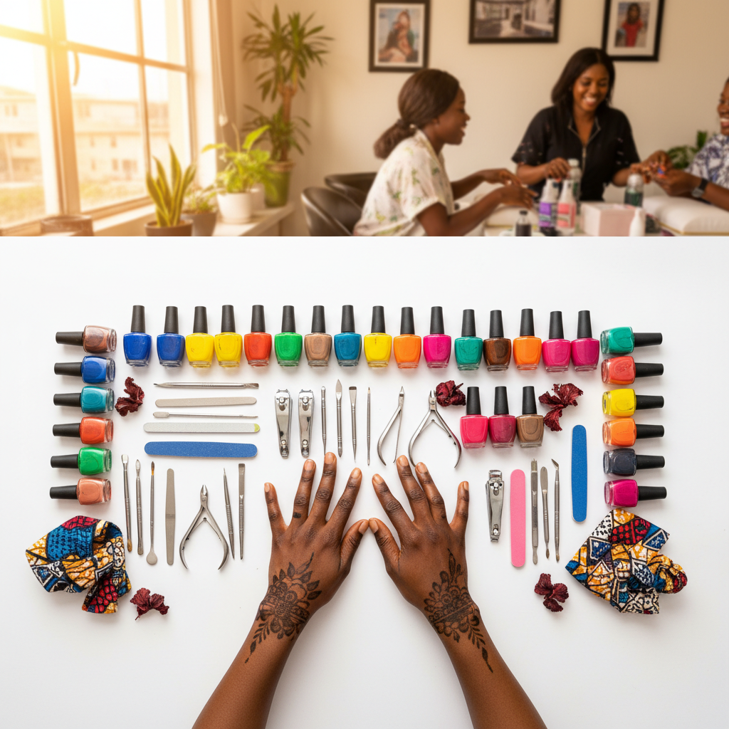 An organized flat lay of nail technician tools including gel polishes, files, and brushes.