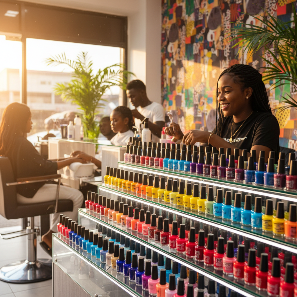A well-organized shelf with various colours of gel nail polish in a Nigerian nail salon.