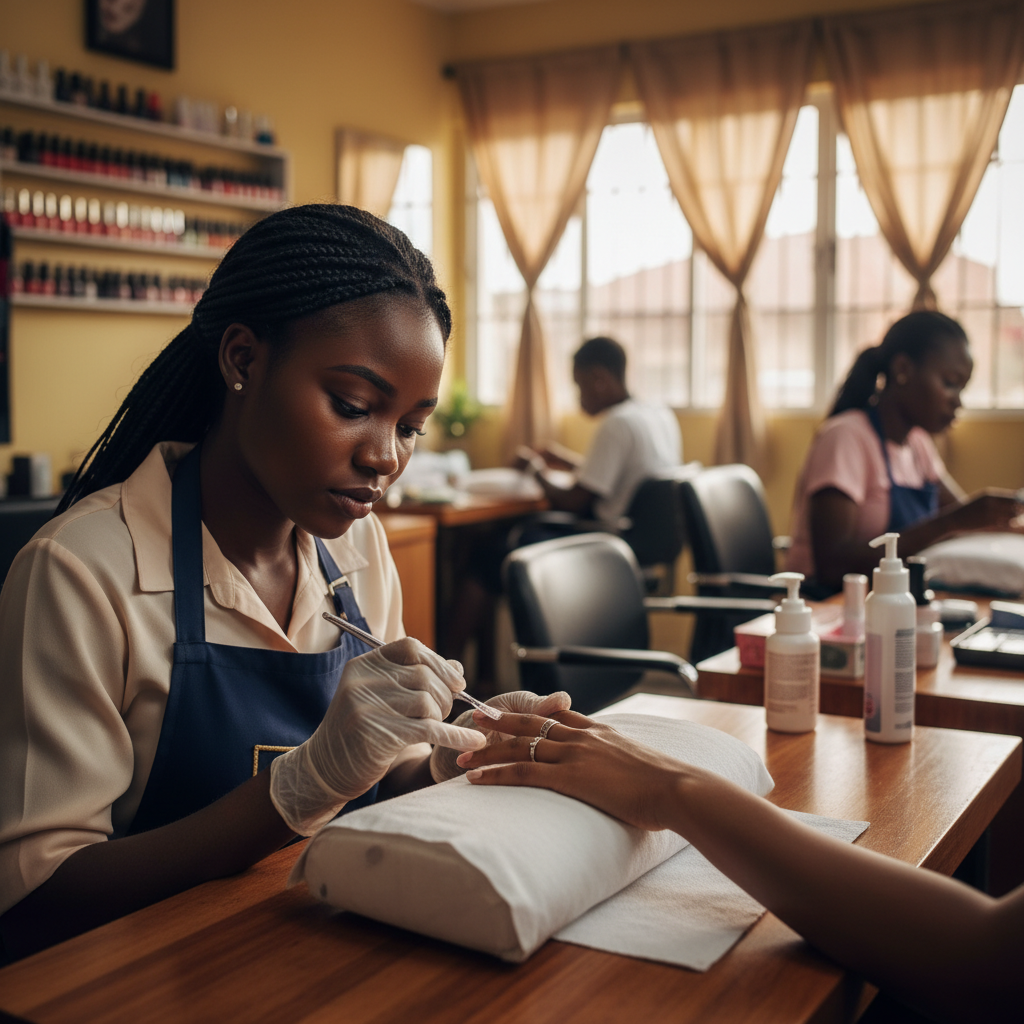 A professional nail technician in Lagos carefully applying an acrylic nail extension.