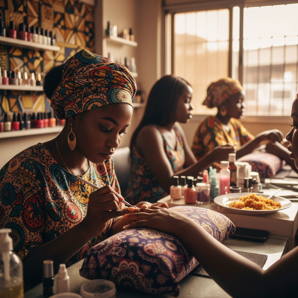 A skilled nail technician carefully applying acrylic to a client's fingernail in a clean Lagos salon.