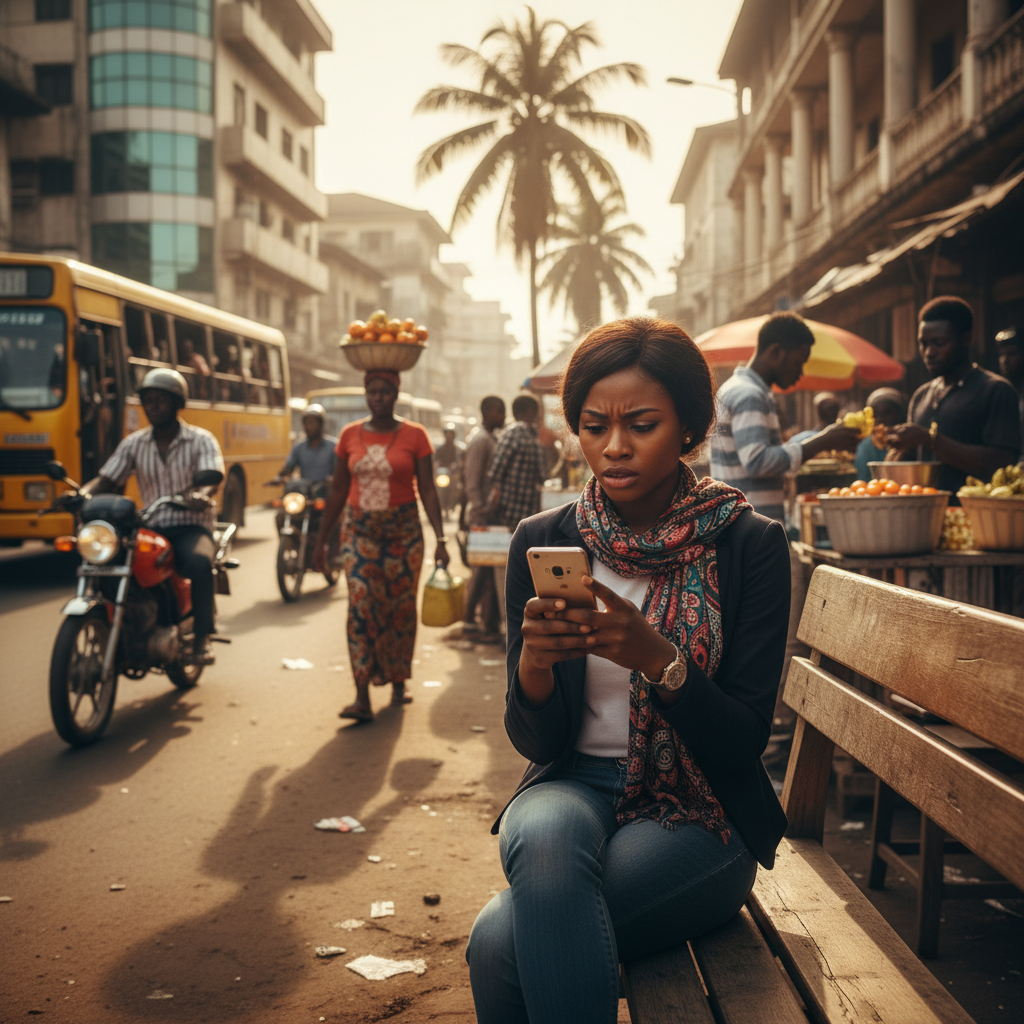 A young Nigerian woman looks at her phone with a frustrated expression, representing a bad booking experience.