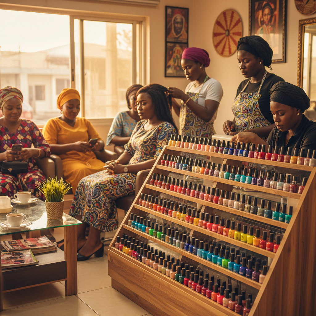 A shelf in a Nigerian beauty salon displaying dozens of colorful nail polish bottles.