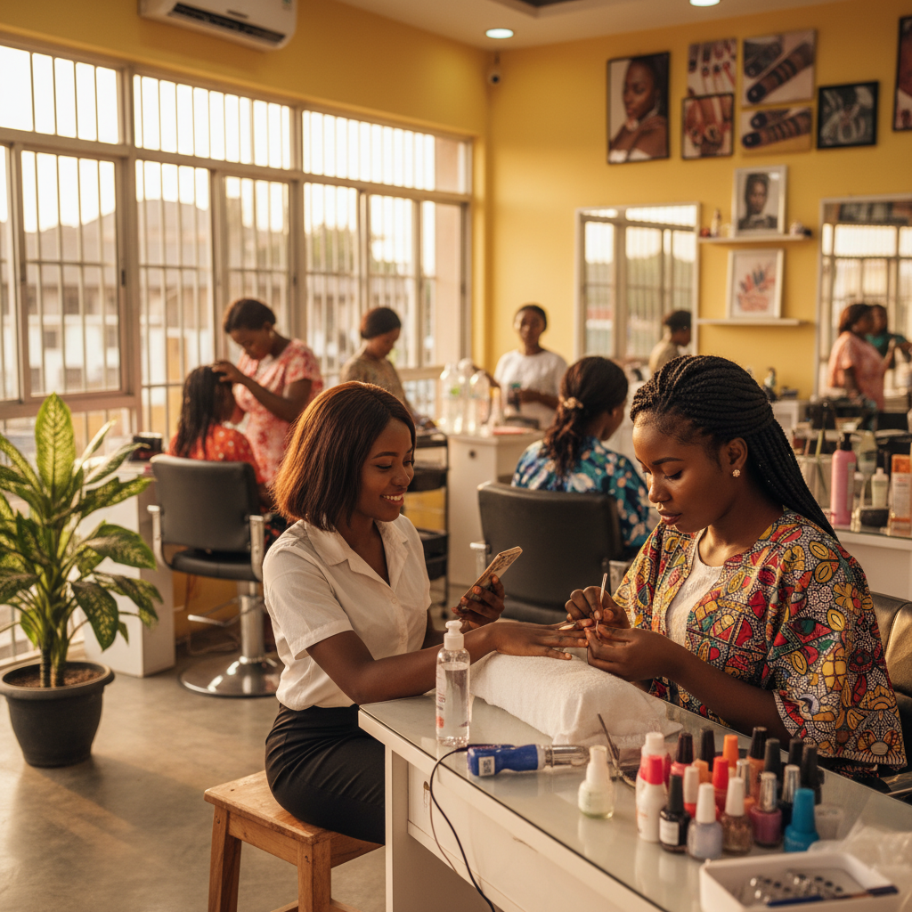 A skilled Nigerian nail technician carefully applying an acrylic bead to a client's nail in a well-lit salon in Lagos.