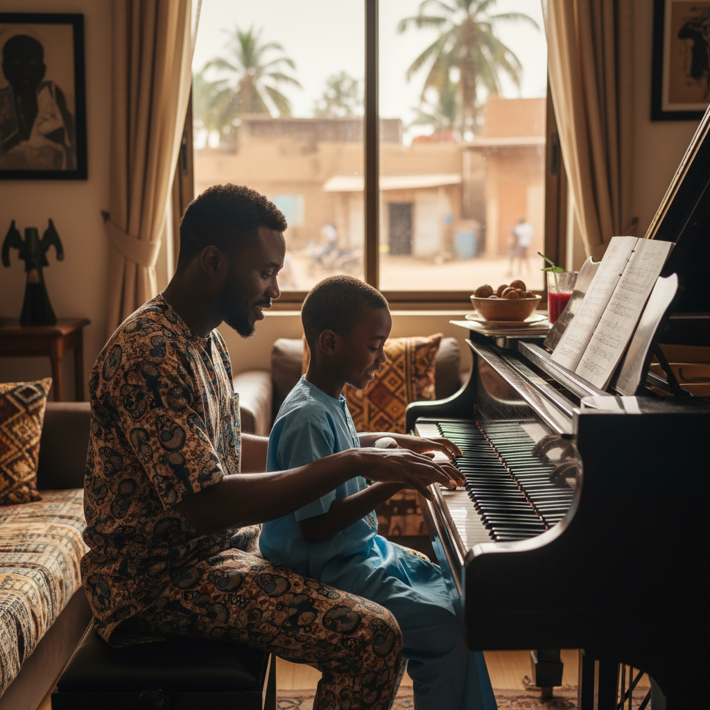 A Nigerian music teacher patiently showing a young boy how to play the piano.
