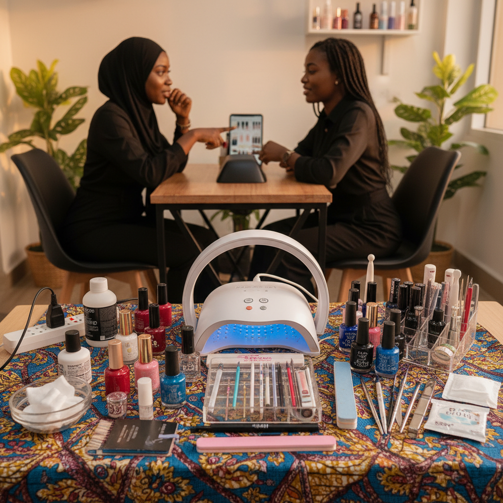 A flat lay of a nail technician's starter kit, including a UV lamp, colourful gel polishes, and tools.
