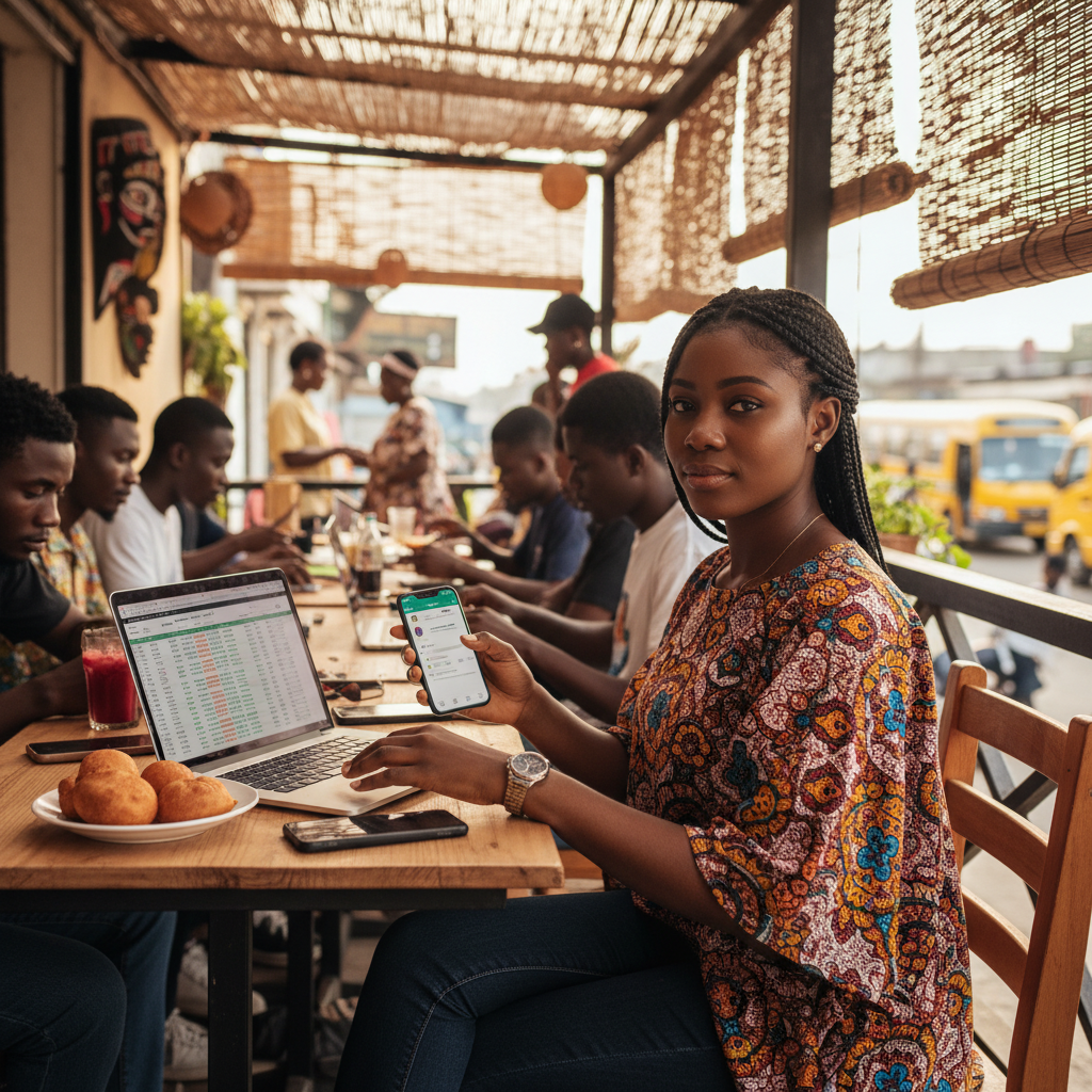A young Nigerian entrepreneur managing her business finances and bookings online.