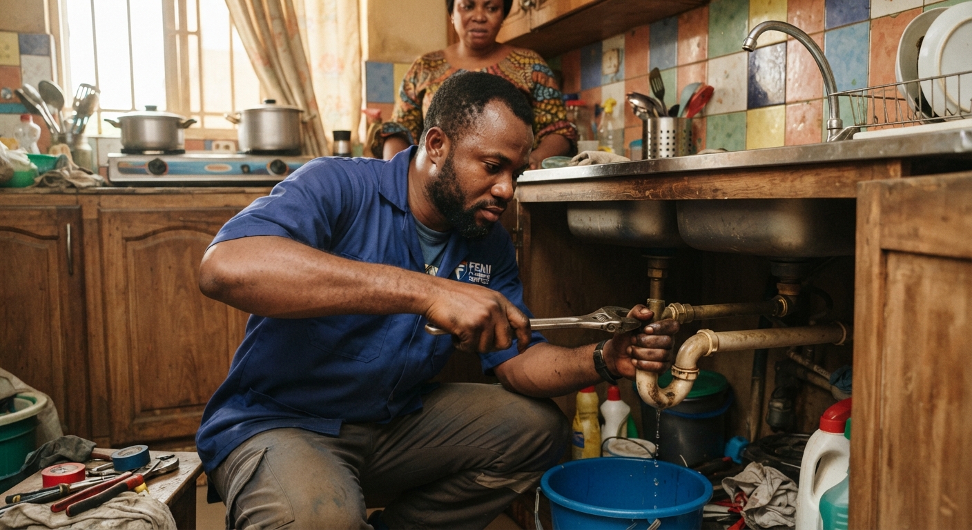 A Nigerian plumber working on pipes under a kitchen sink