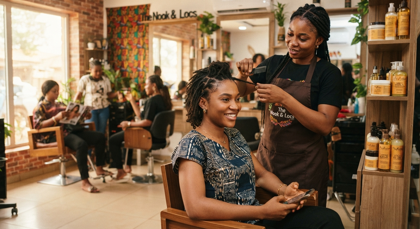 Young woman in Enugu getting her locs styled at a professional salon.