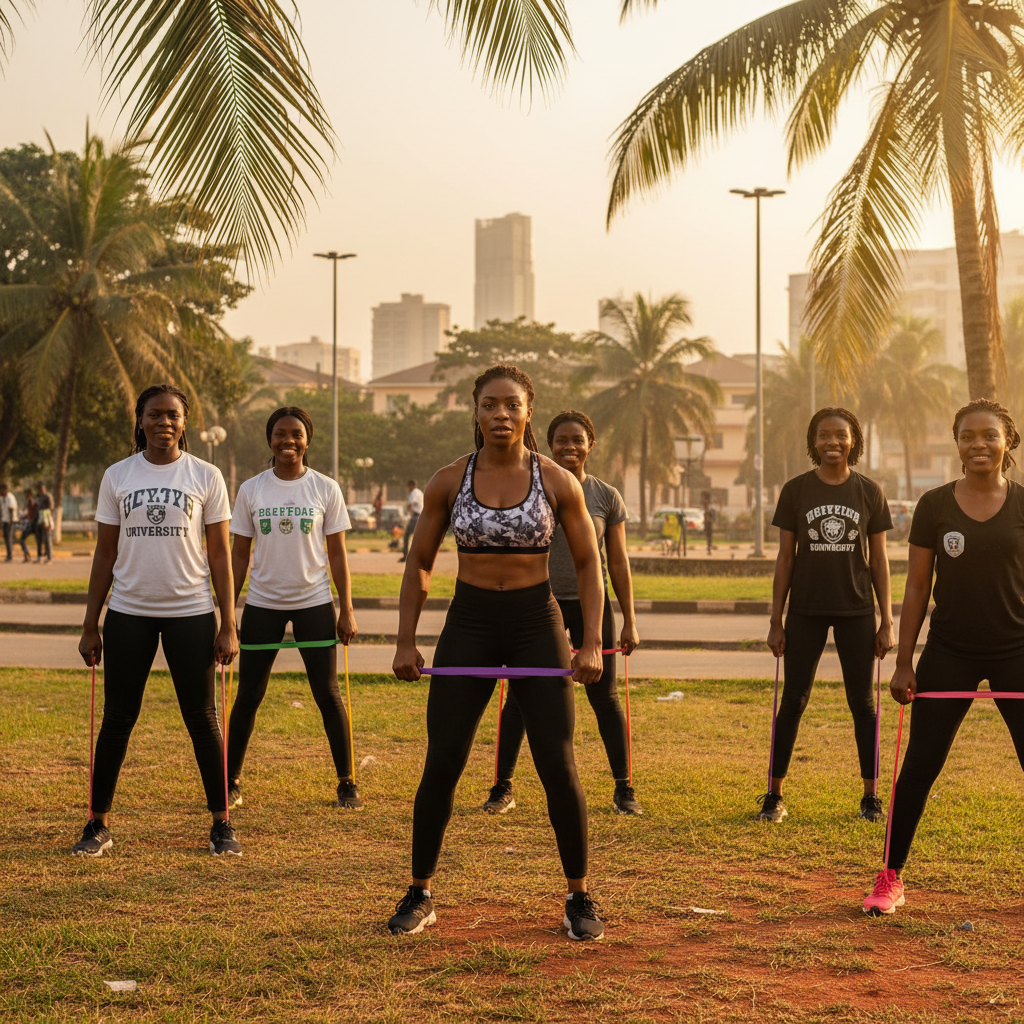 A Nigerian fitness trainer coaching a client outdoors using resistance bands.