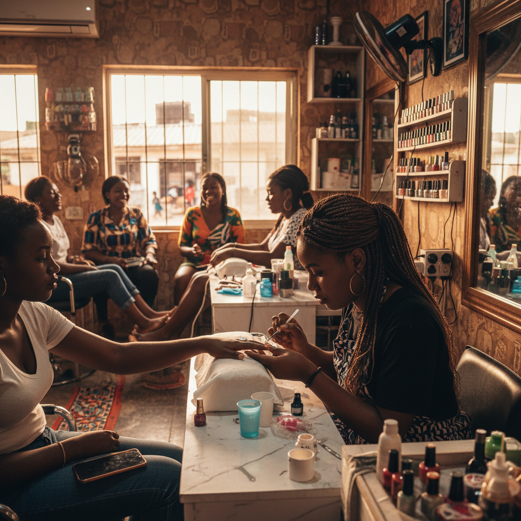 A skilled Nigerian nail technician carefully applying acrylic powder to a client's nail.