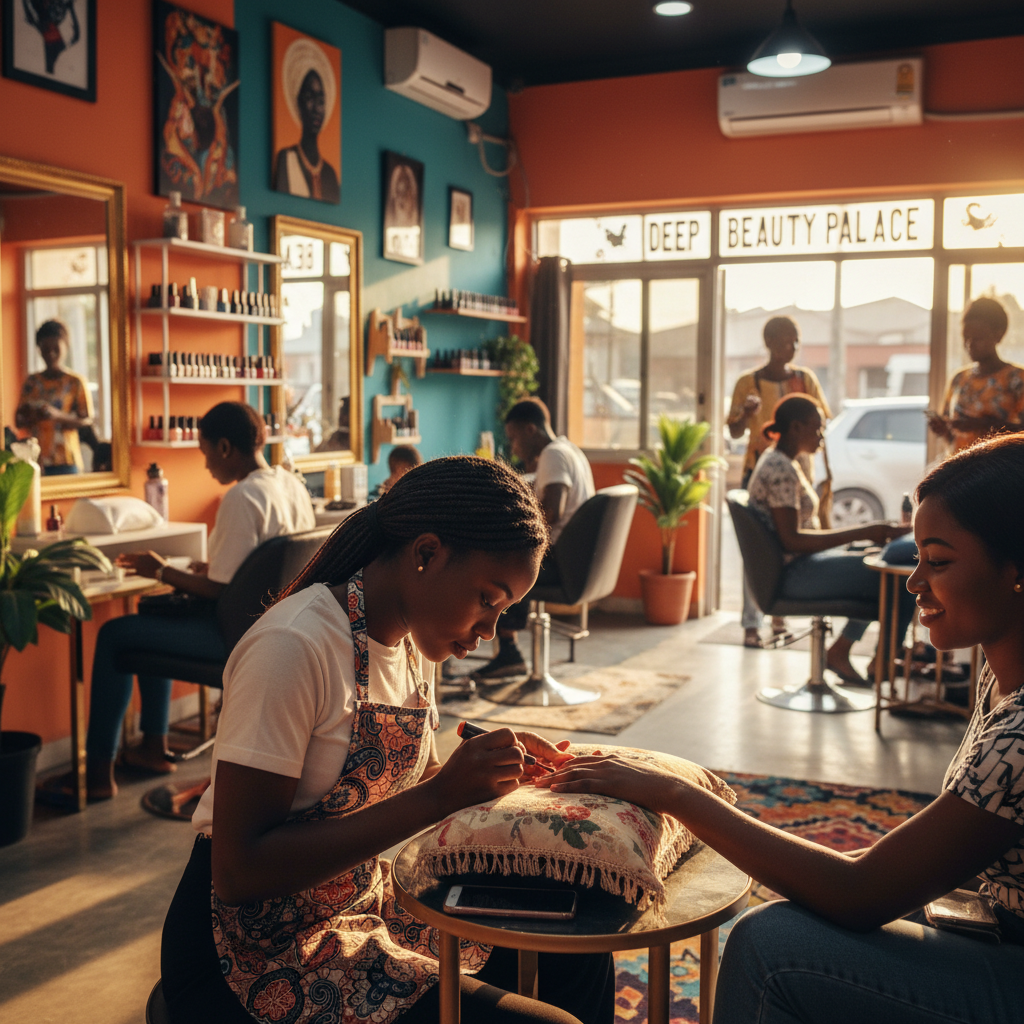 A skilled Nigerian nail technician applying red gel polish to a client's fingernails in a clean, well-lit salon.