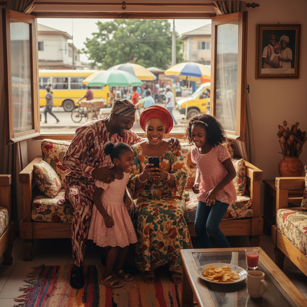 A smiling Nigerian family on a video call, likely with a relative abroad who has sent them money.