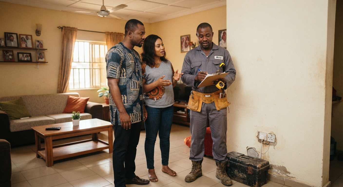 Couple discussing home repair with a professional service provider