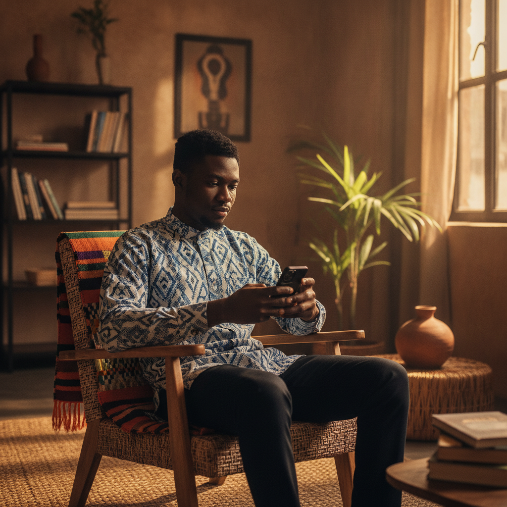 A young Nigerian man in Lagos browsing for a verified technician on his phone using the TrustAm app.