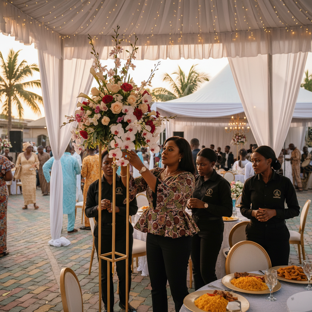 A Nigerian decorator carefully arranging flowers for an event table setting.